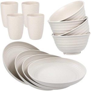 12pcs Wheat Straw Dinnerware Sets, Wheat Straw Plates and Bowls Sets